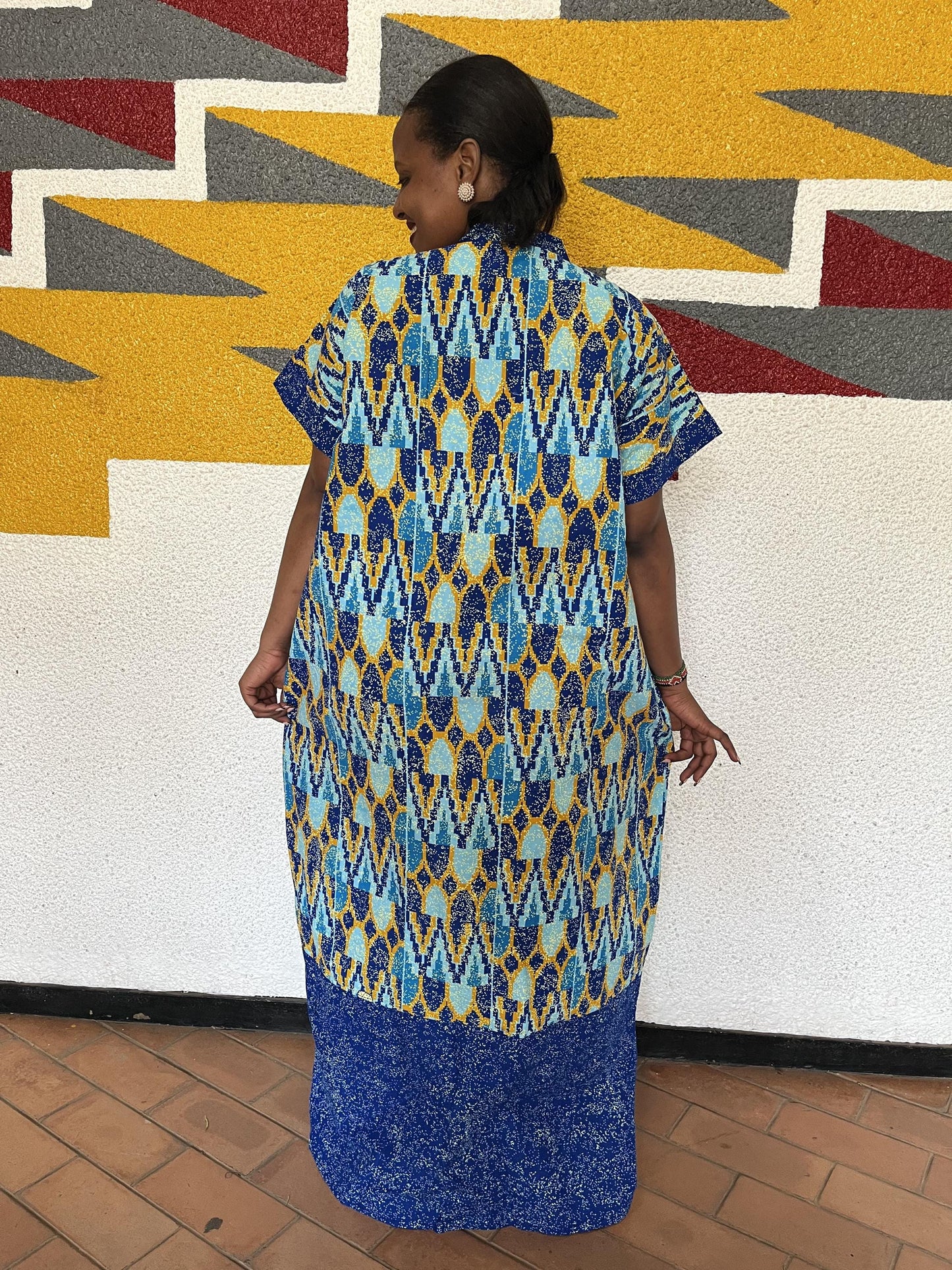 Royal Blue Geometric Shirt Kaftan | Buttoned Chevron-Ikat Boubou, Block-Hem Maxi