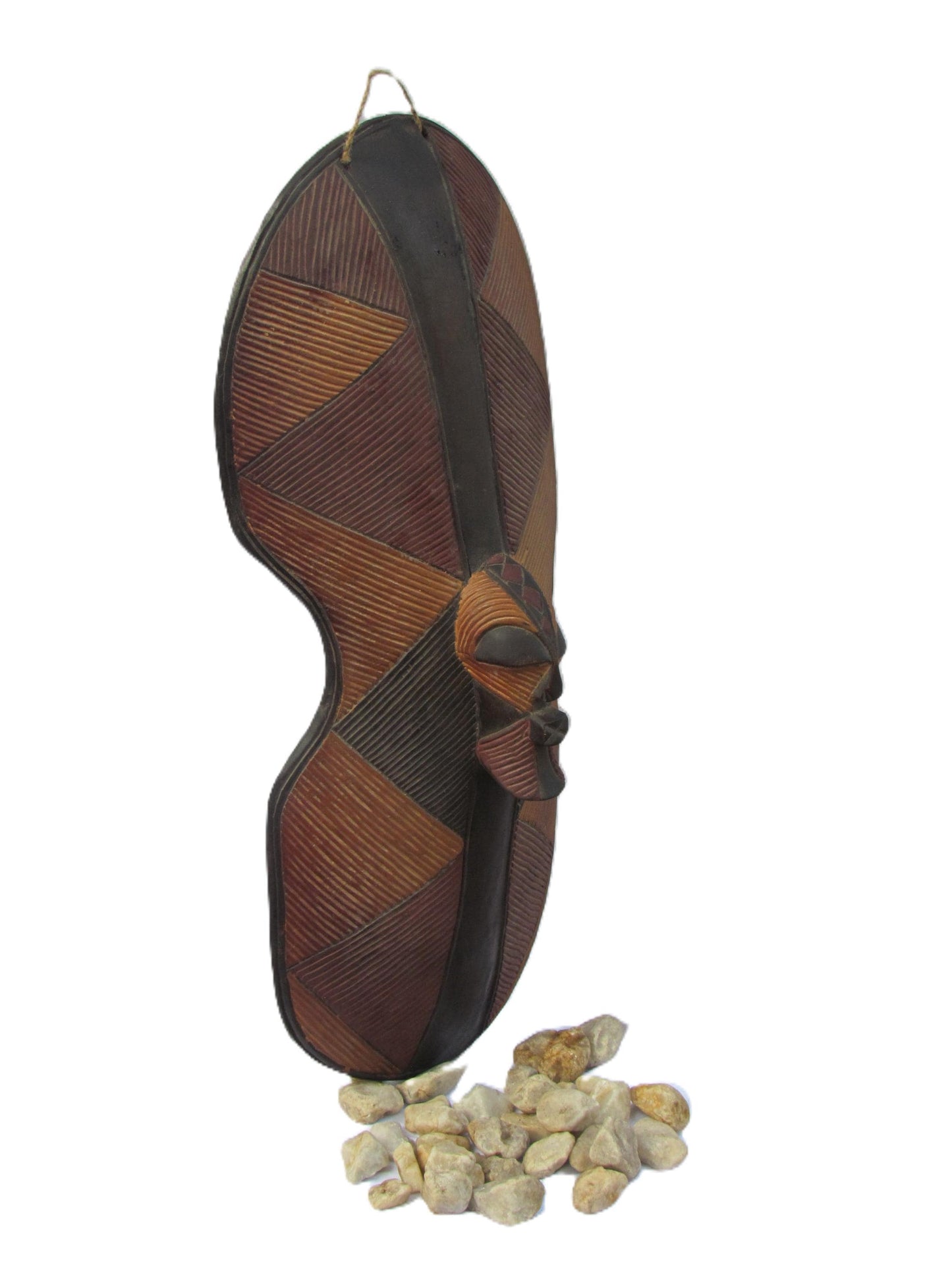 African Songye Shield with Mask Icon – Carved Wood Ritual Wall Art – Congo Tribal Decor