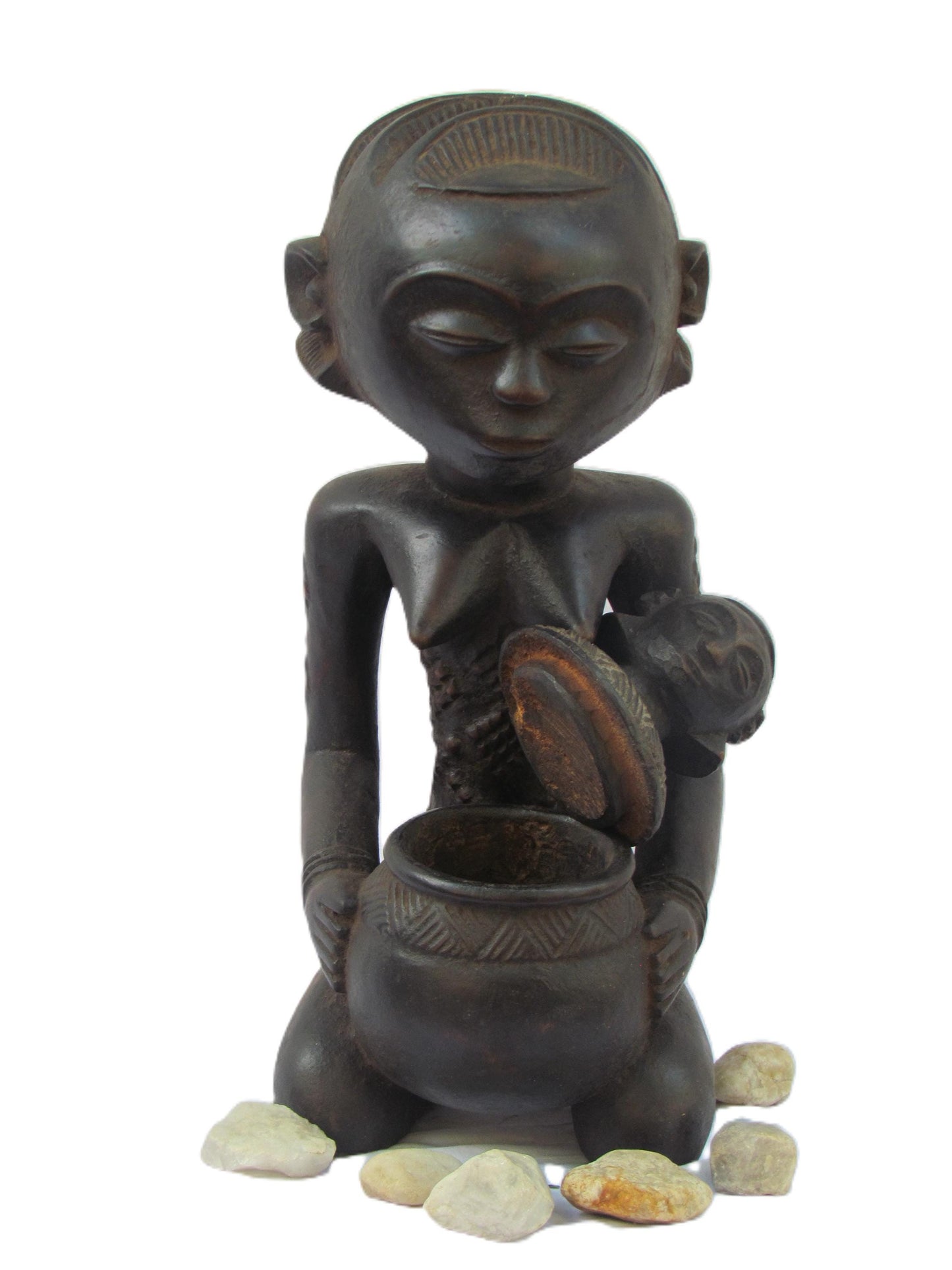 Statue de femme Luba porteuse de bol – Art tribal africain en bois du Congo – Sculpture rituelle sculptée à la main vintage des années 1980
