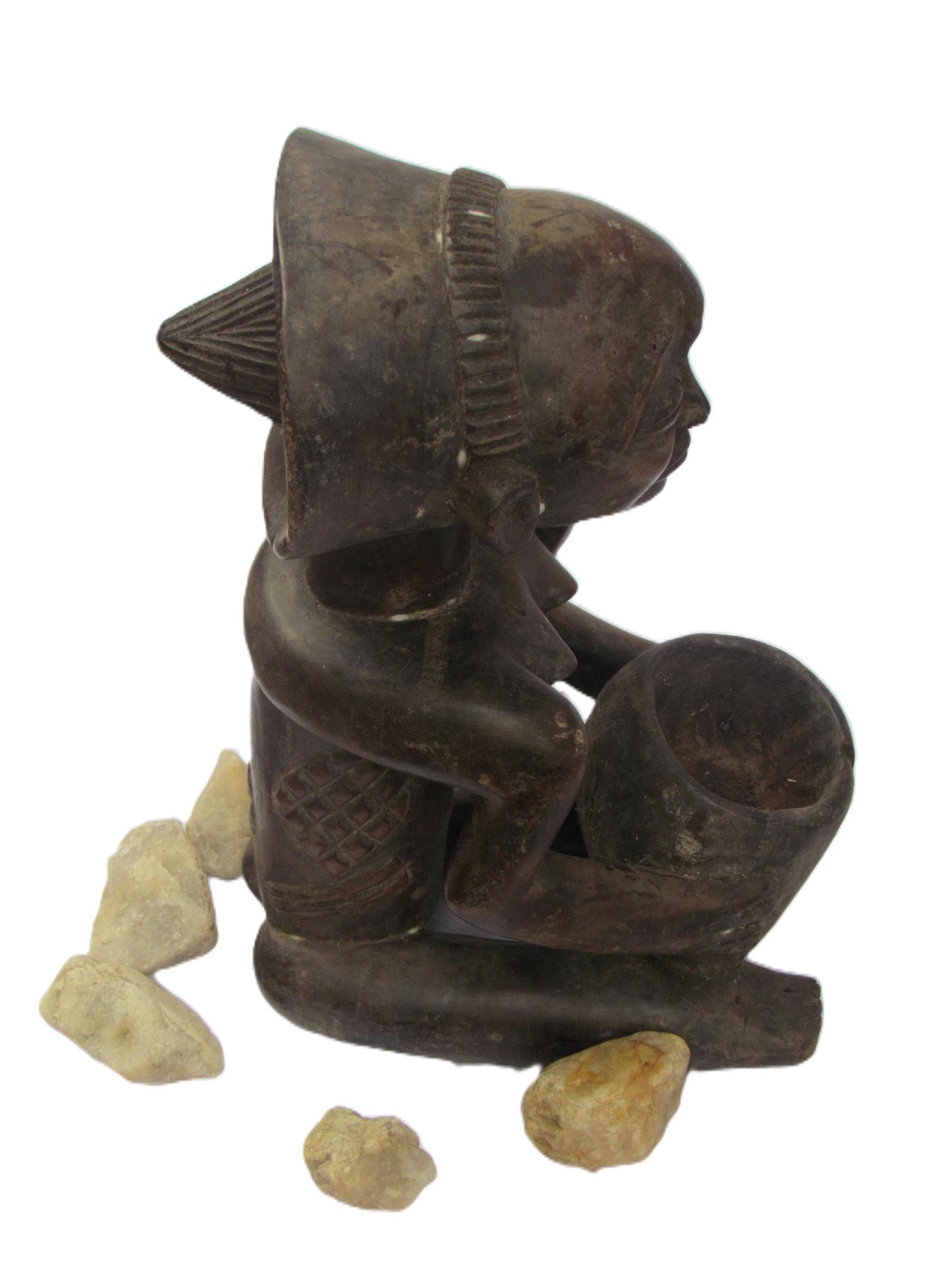 Statue de devineresse Luba – Art tribal africain du Congo et de Zambie | Figurine rituelle en bois sculptée à la main avec bol