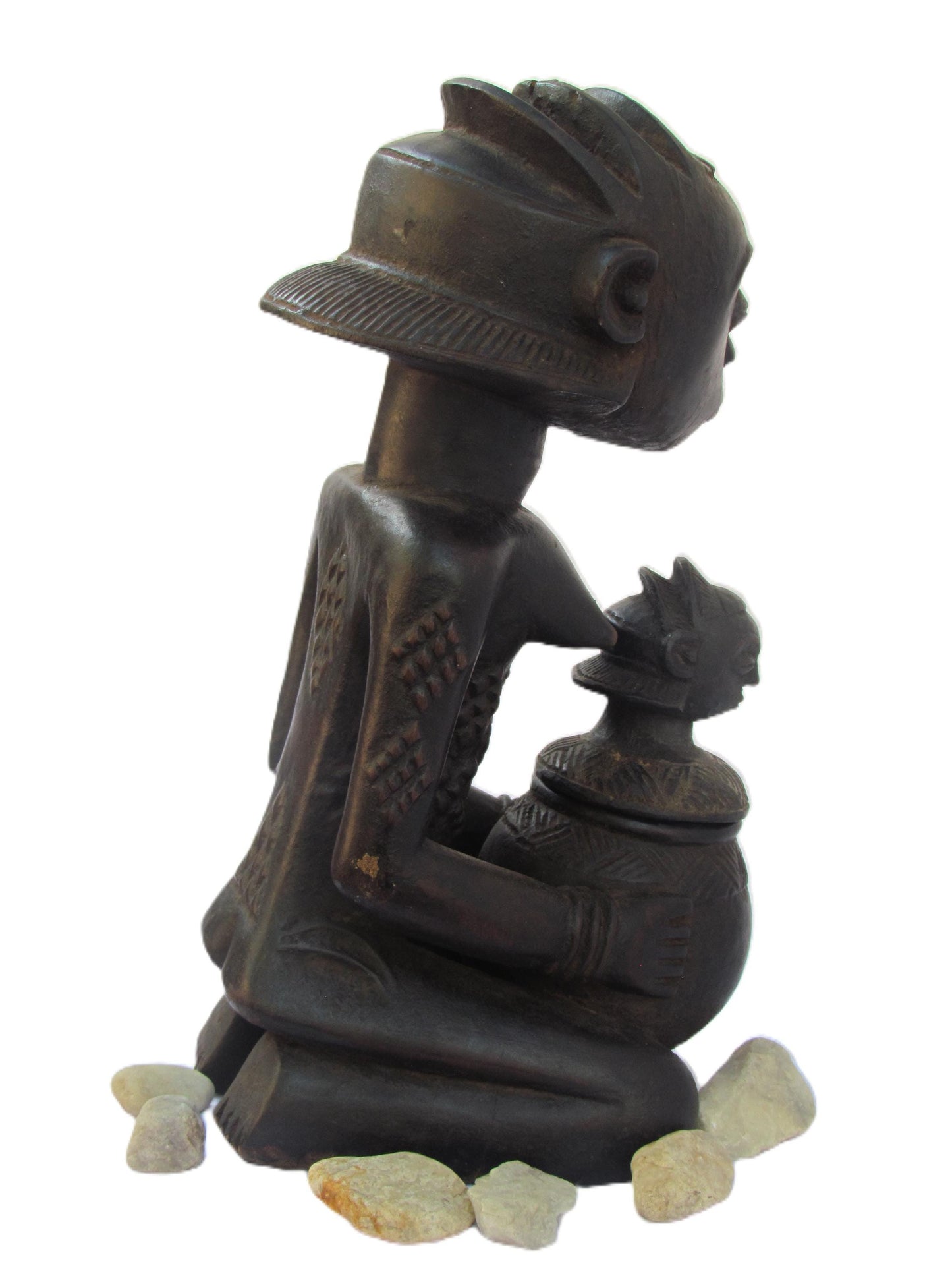 Statue de femme Luba porteuse de bol – Art tribal africain en bois du Congo – Sculpture rituelle sculptée à la main vintage des années 1980