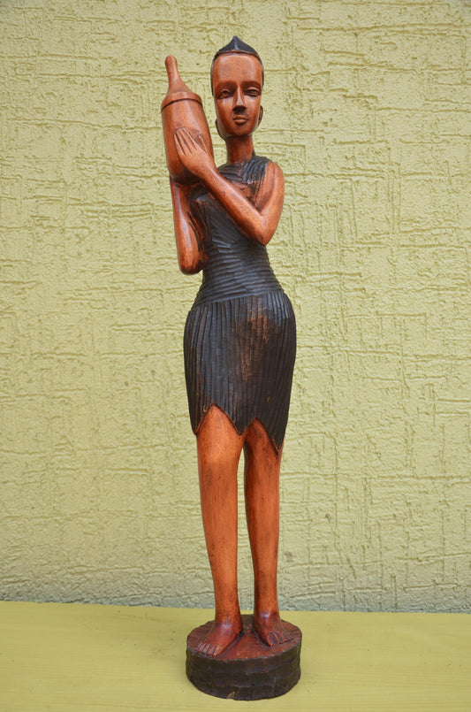 African Female Water Bearer Wooden Sculpture | Tribal Art