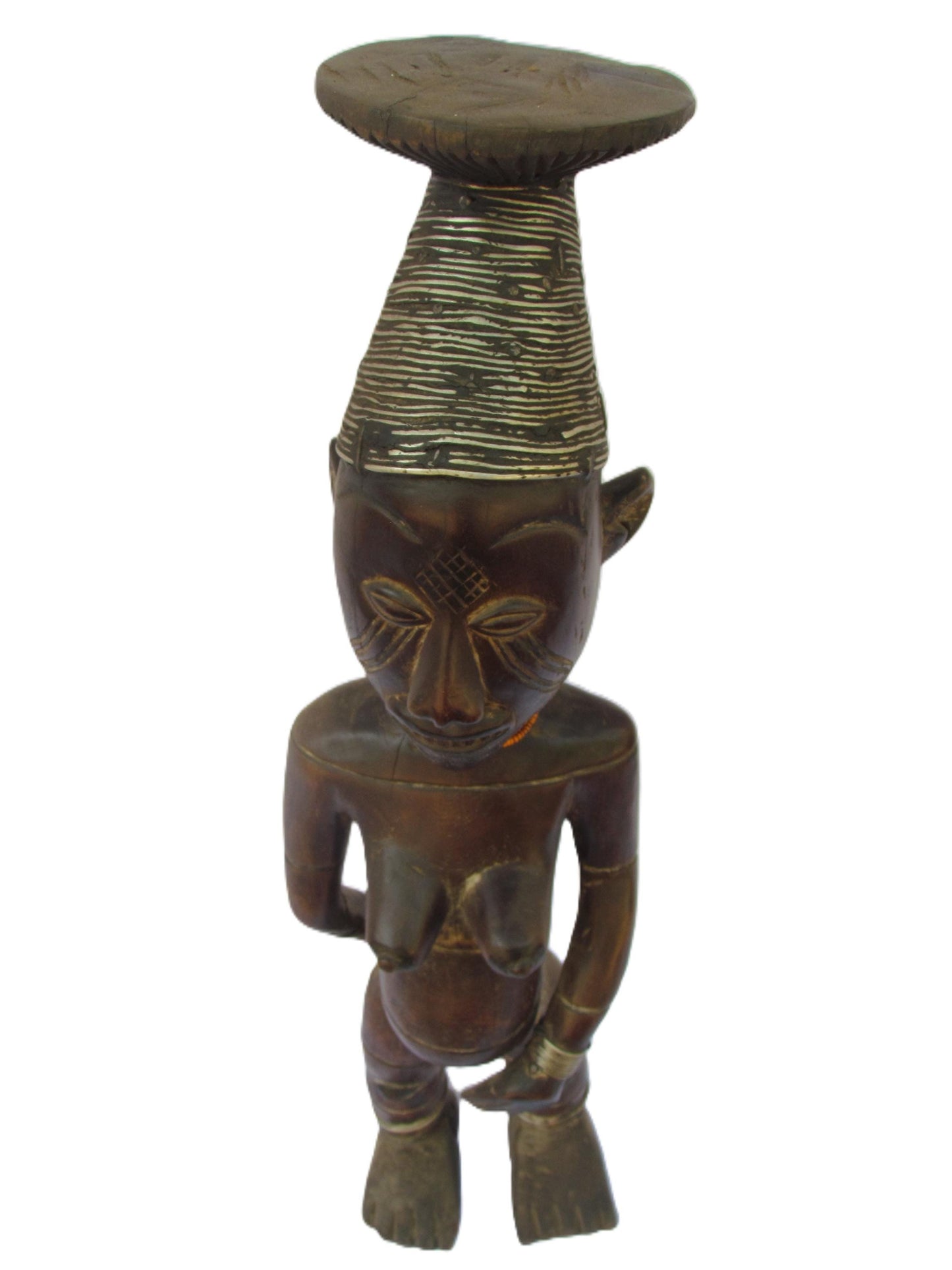 Une belle figure féminine debout Mangbetu en bois avec un cou rouge frappant de l'art africain du Congo.