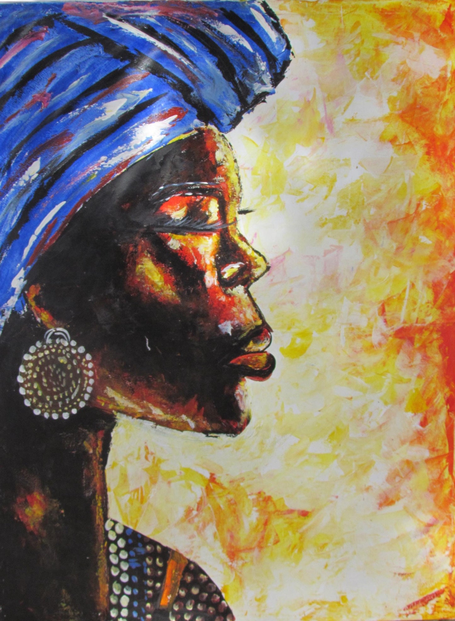 Toile à paillettes bleues représentant une femme africaine | Décoration murale artisanale | Peinture de femme noire