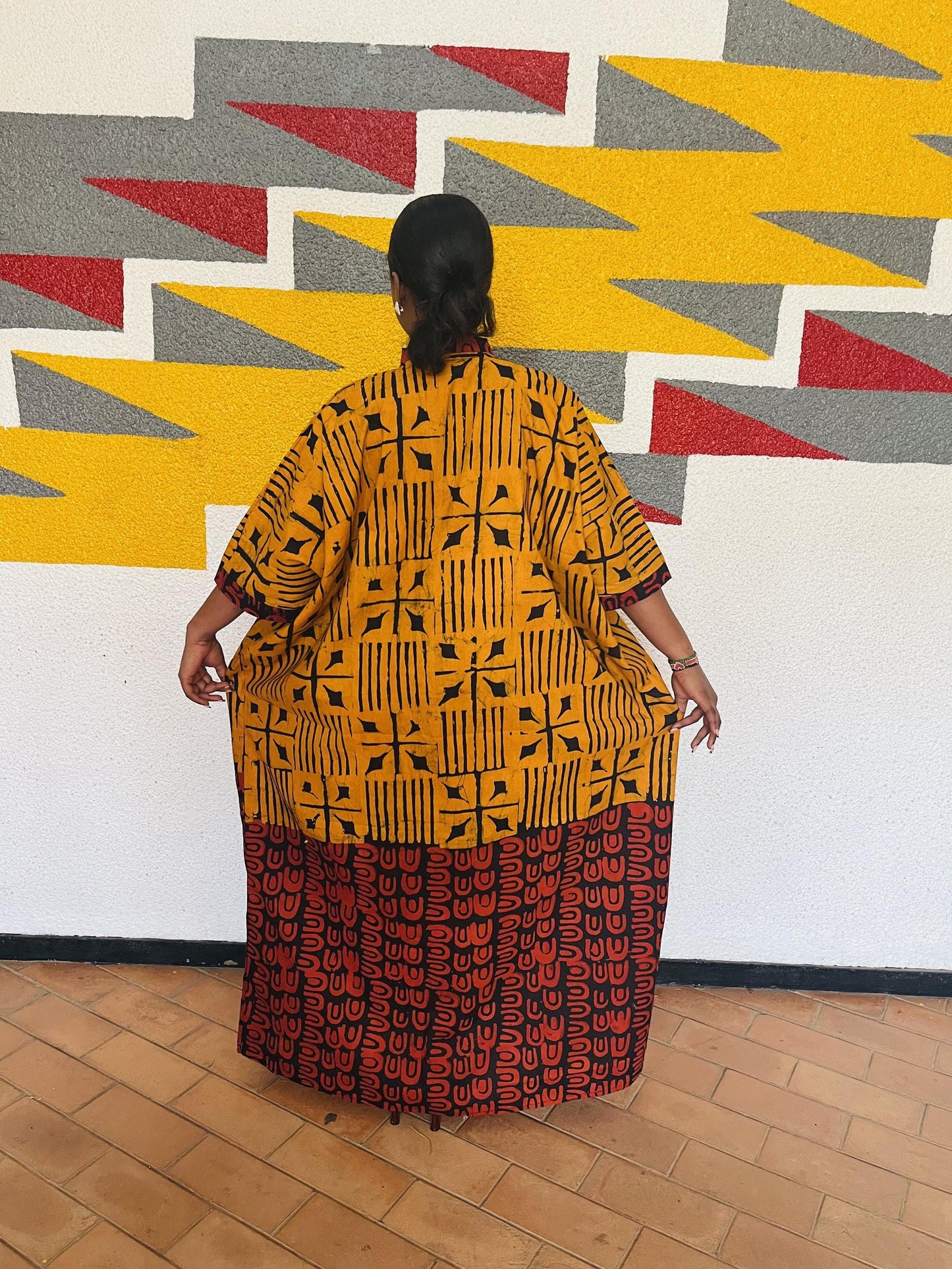Split Graphic Ankara Boubou Gown | Half-and-Half Tribal Kaftan, Mustard and Burgundy Maxi