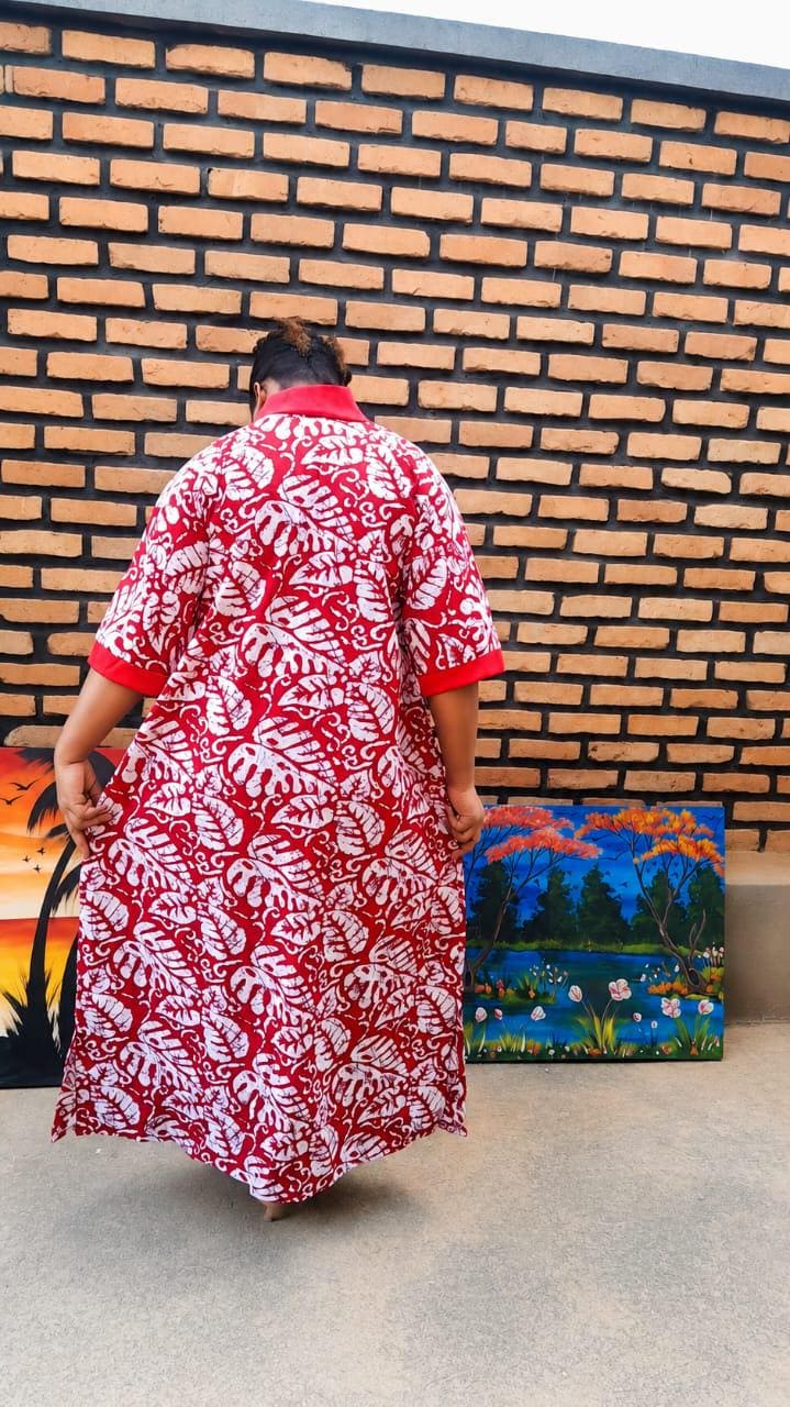 Elegant African Kaftan | Red White Boubou Dress | Flowy Ankara Cotton Maxi Gown