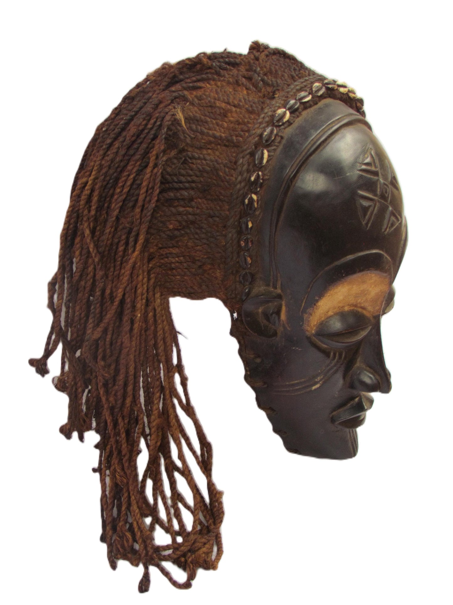 Original Hand carved Chokwe Mask Mwana Pwo with Long Brown Hair.