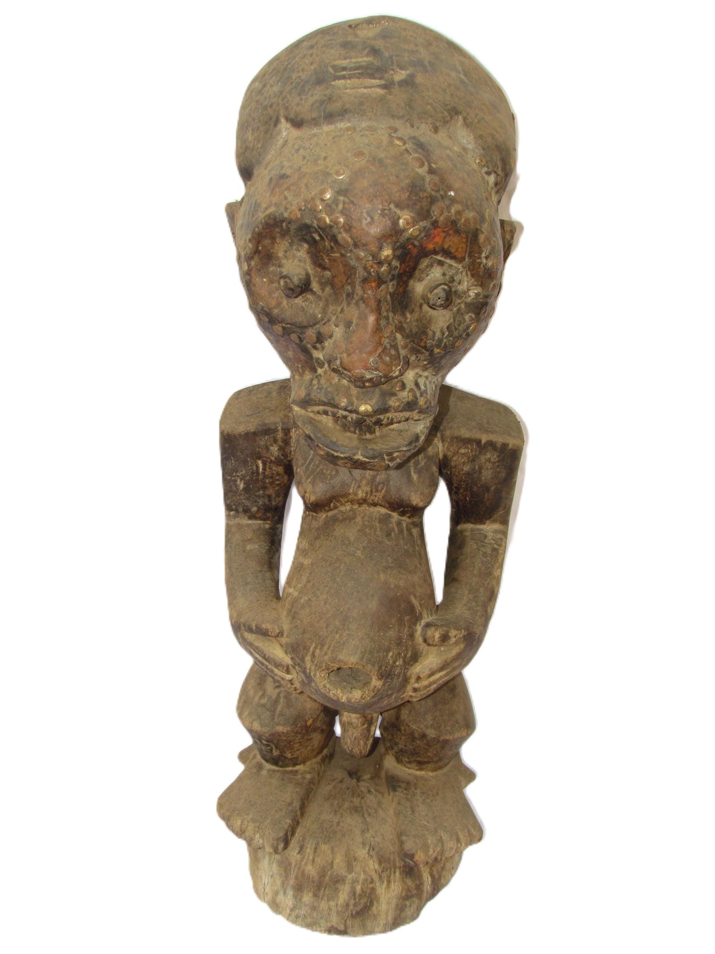 Statue antique extrêmement rare d'un homme africain Songye avec des épingles en argent sur le visage du Congo.