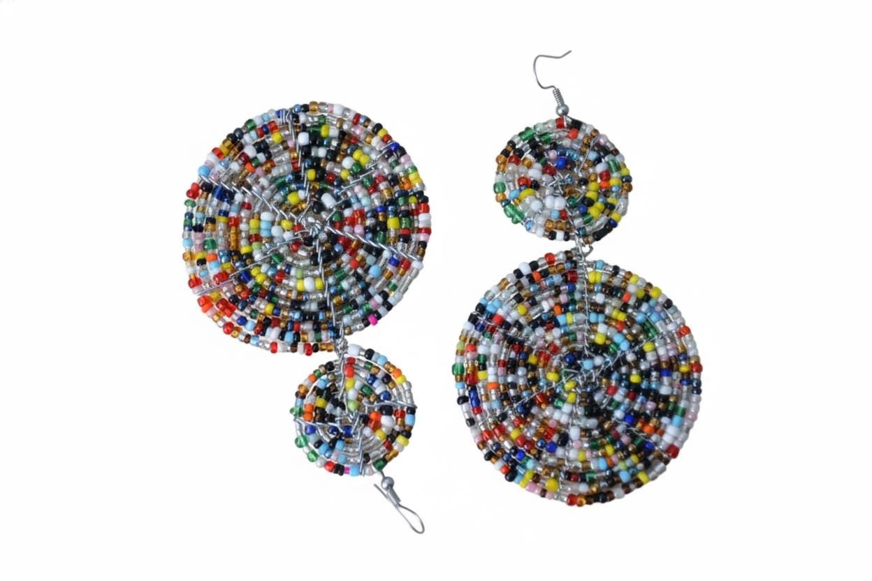Colorful Maasai Beaded Earrings Pair, Handmade African Multi Color Boho Drop Jewelry Set