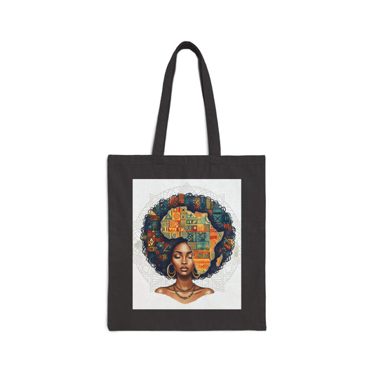 Canvas Tote Bag — Afrocentric Art Portrait Tote, Colorful Cityscape Afro Hair Design