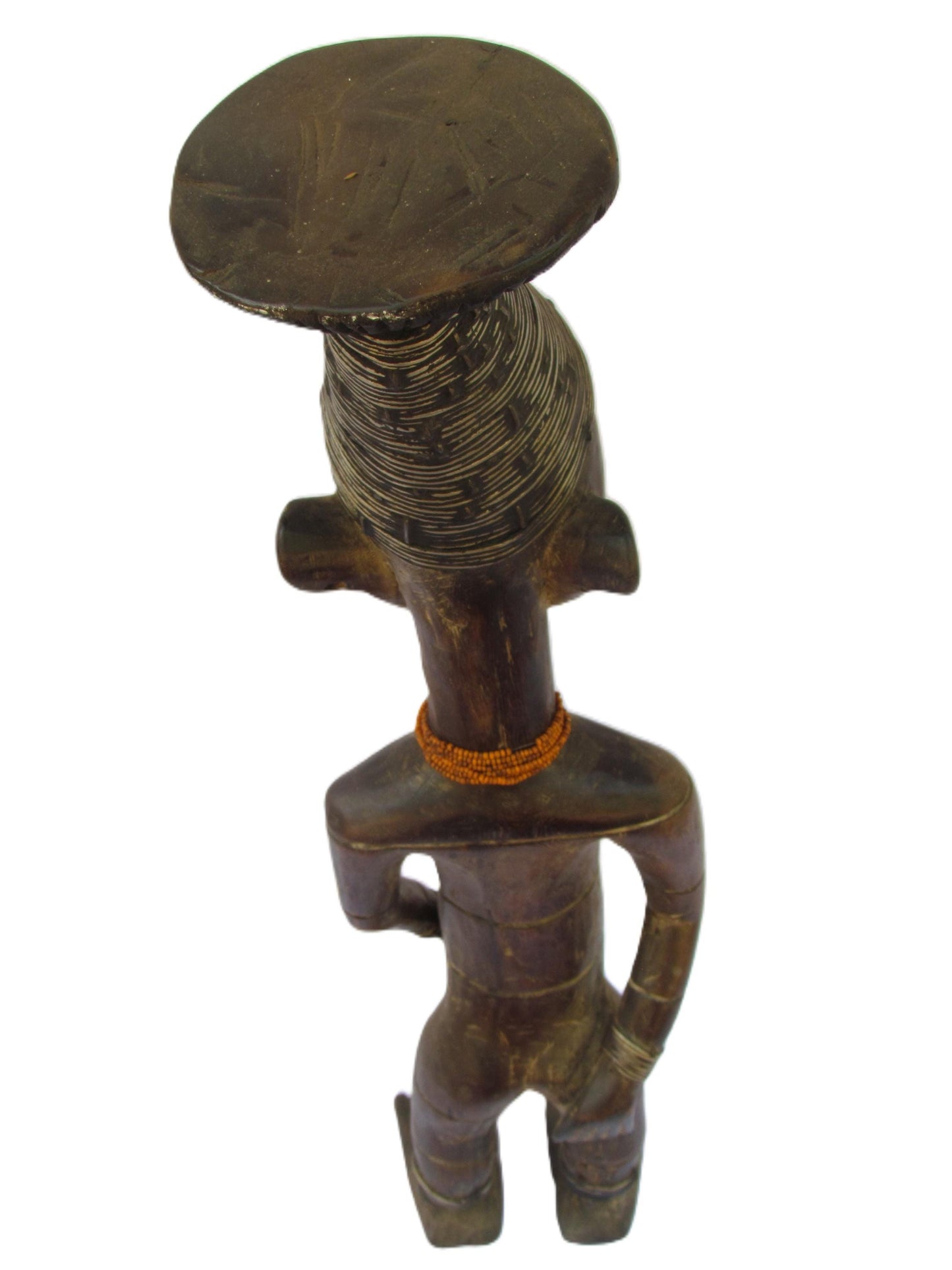 Une belle figure féminine debout Mangbetu en bois avec un cou rouge frappant de l'art africain du Congo.