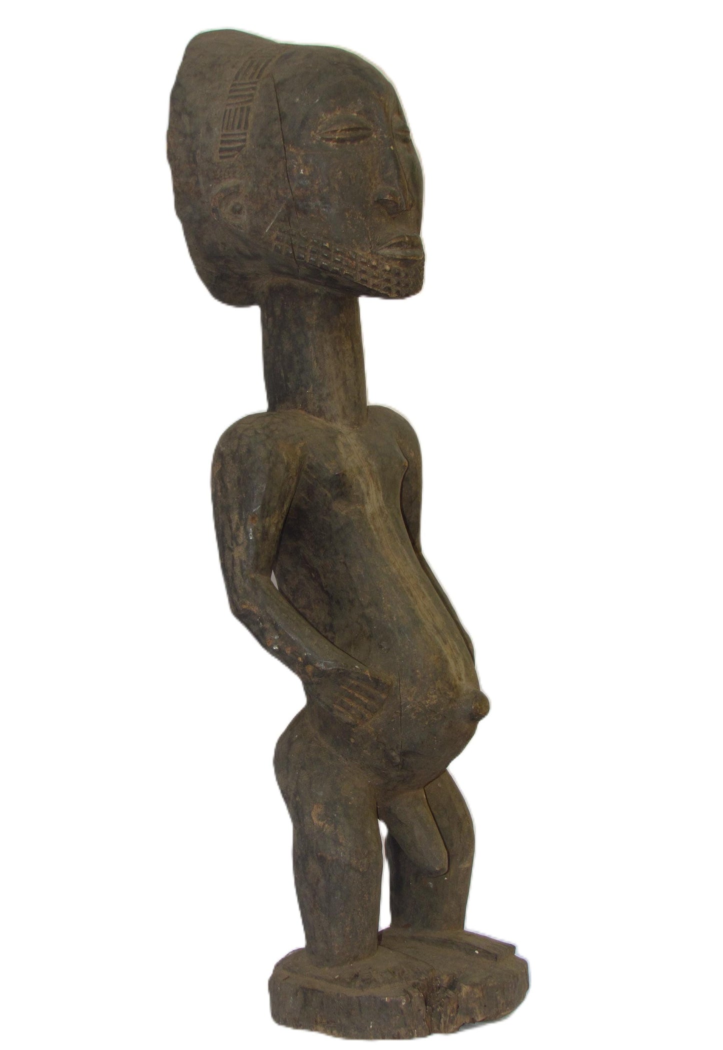 Statue masculine africaine antique en bois sculpté de la tribu Luba, Congo.