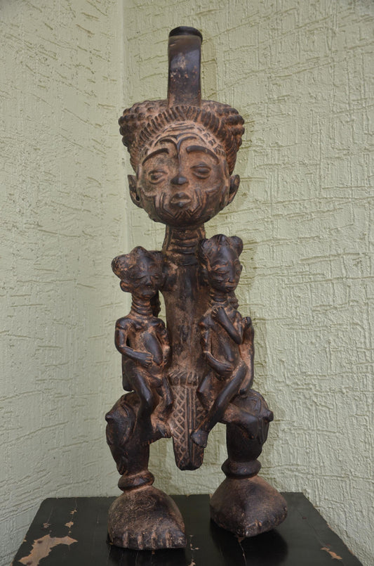 Lulua Maternity Figure – 31" Hand-Carved Wood Congo Mother Twin Statue – Art.