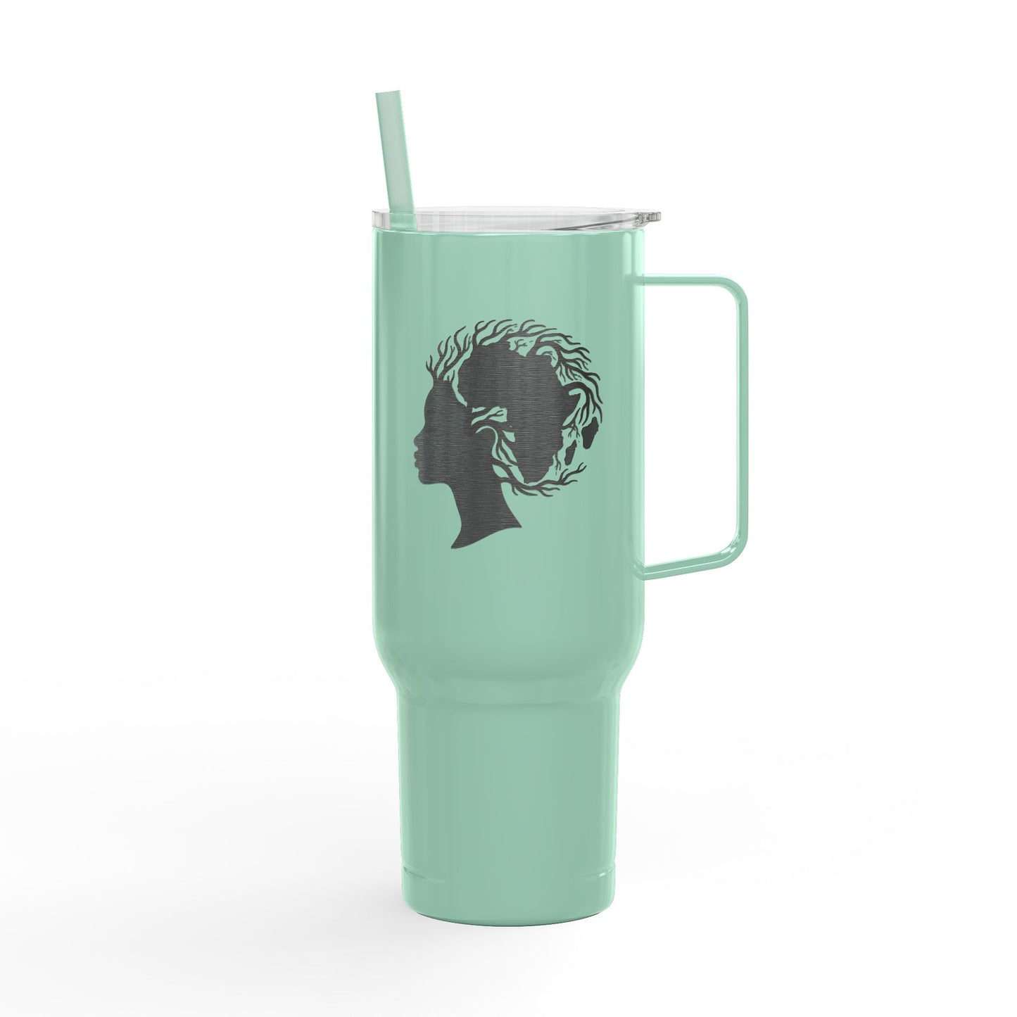 40oz Engraved Insulated Tumbler - Silhouette Woman with Dreadlocks, Travel Mug with Lid & Straw