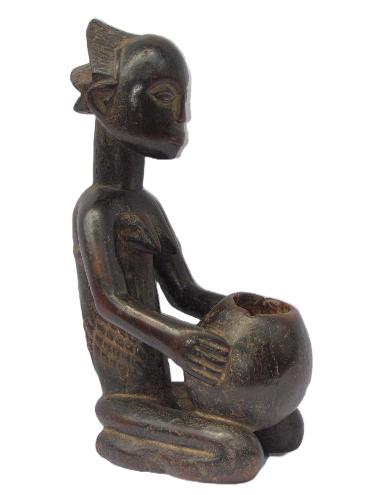 Statue africaine en bois de la tribu Luba du Congo, femme porteuse de bol.