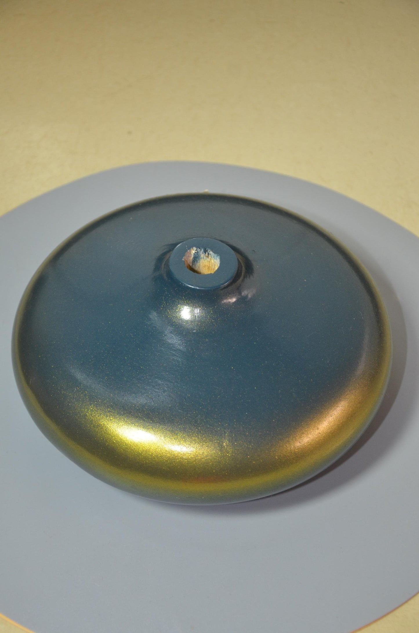 Flat Wooden Ufo Bud Vase | Metallic Navy Blue Gold Disk Vessel | Modern Nordic Home Decor Accent | Minimalist Handcrafted Wood Art