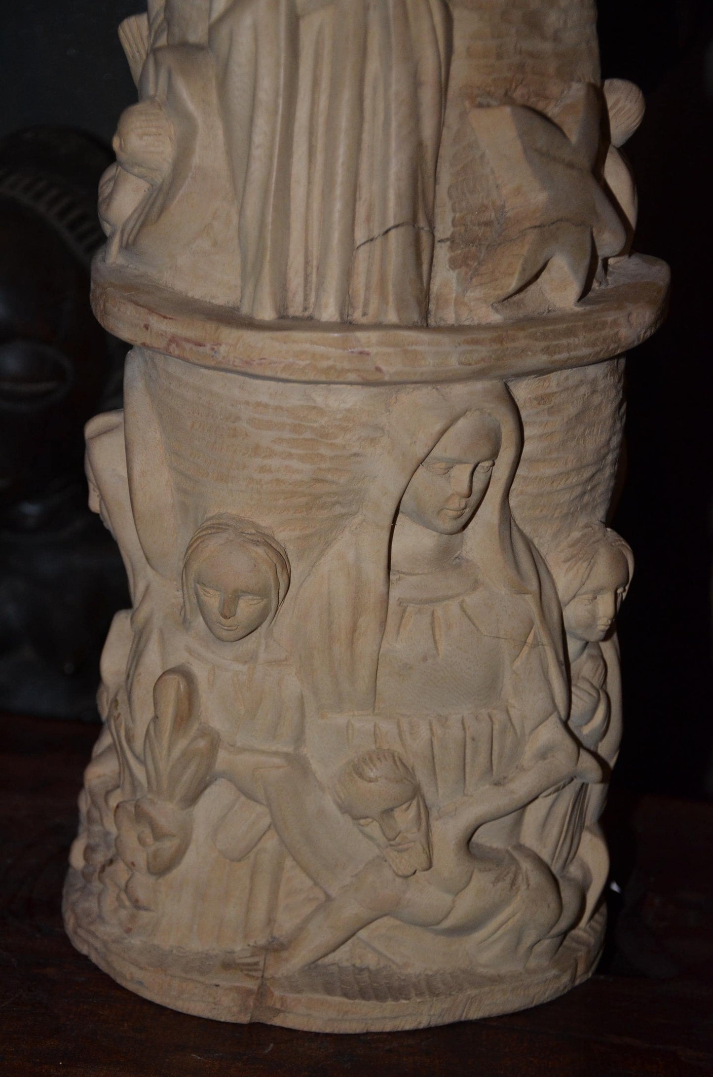 African Carved Wood Stool | Relief Side Table | Handmade Tribal Furniture