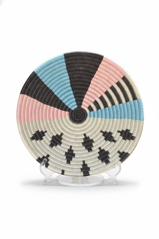 Medium Handwoven Wall Basket – White, Blue, Black & Pink Sisal Decor (Rwanda Handmade)