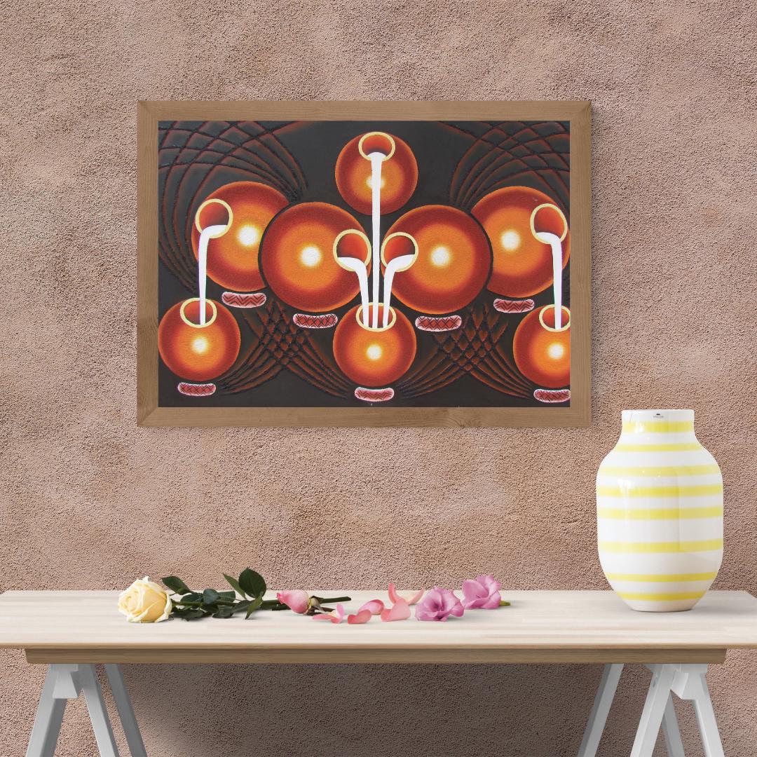 Impression d'art rwandais en calebasse, toile représentant un pot à lait africain, peinture traditionnelle Ikivuguto, décoration murale de salle à manger