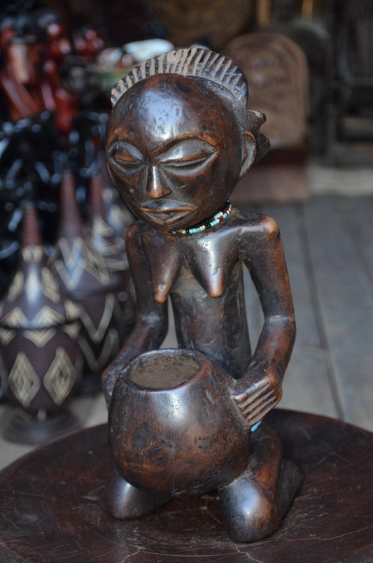 Authentic Luba Bowl-Bearer Statue - 14" Hand-Carved Wood Mboko Female Ancestor Sculpture, Devotional Figure with Bead Accent.