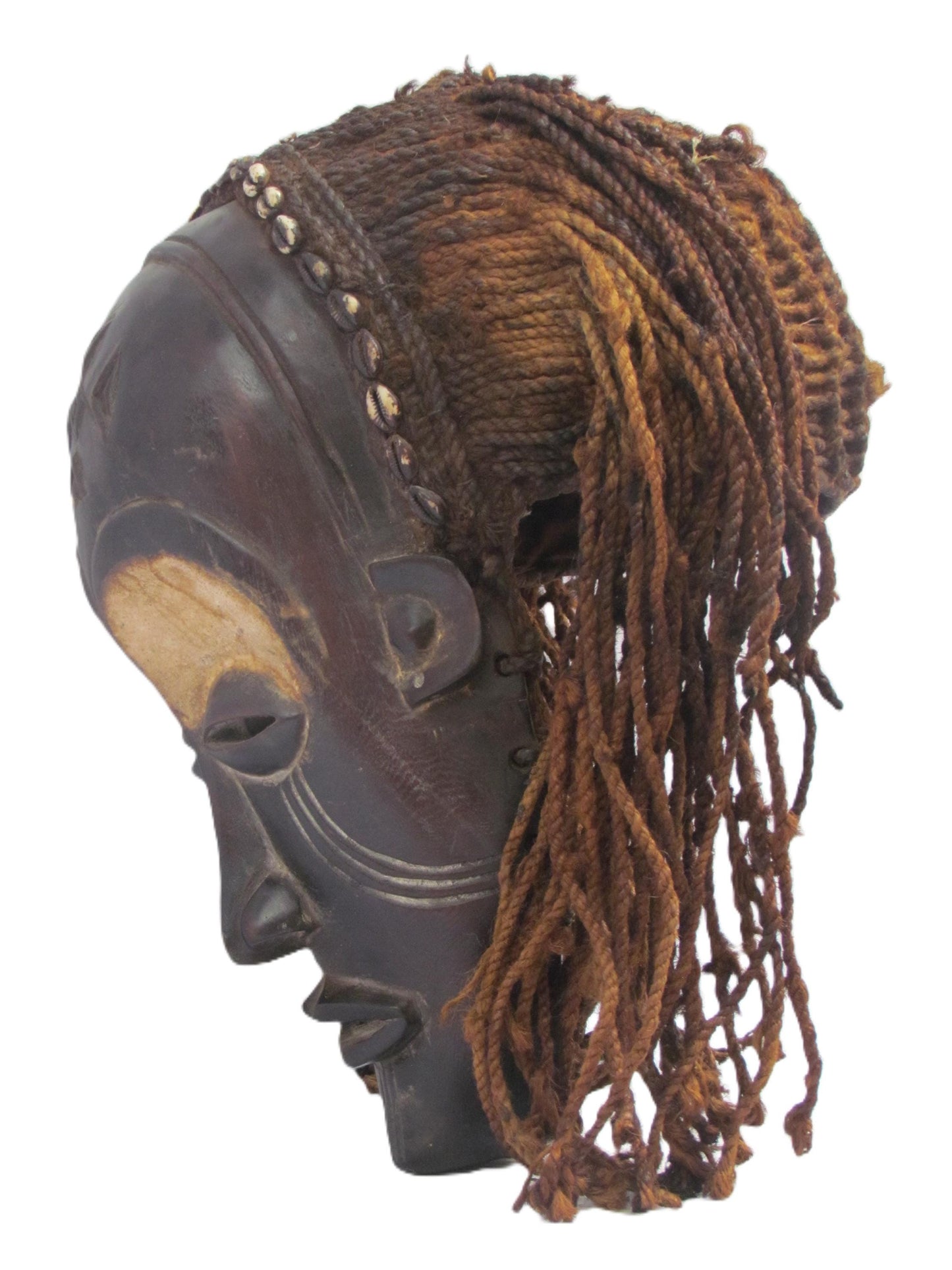 Original Hand carved Chokwe Mask Mwana Pwo with Long Brown Hair.