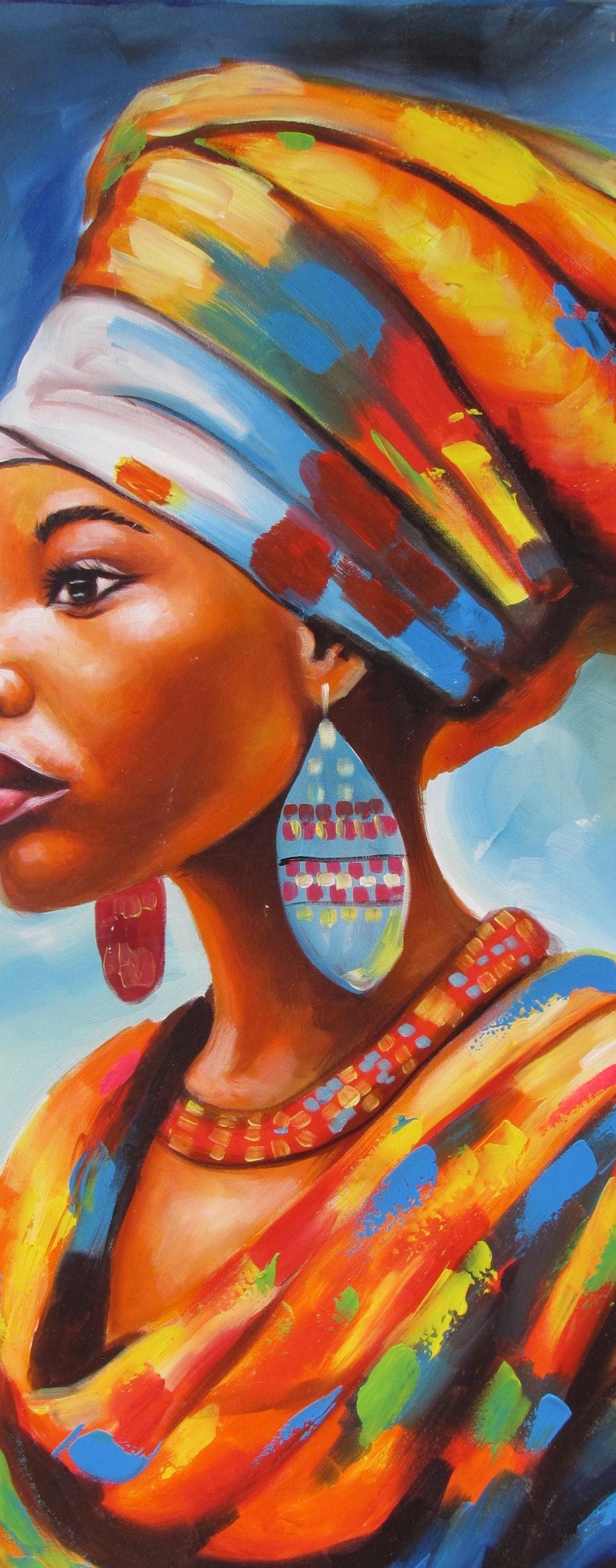 Impression sur toile représentant une femme africaine – Art mural féministe jaune et bleu, peinture à l'huile afrocentrique, décoration d'intérieur pour femme noire, grand format
