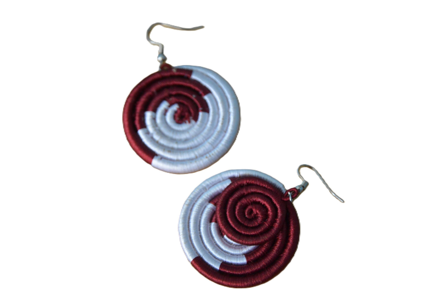 White and Burgundy Red Sisal Rwandan Earrings, Handmade Woven African Basketry Jewelry, Boho Fiber