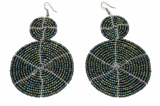 Iridescent Blue Maasai Beaded Earrings Pair, Handmade African Boho Hoop Drop Jewelry Set