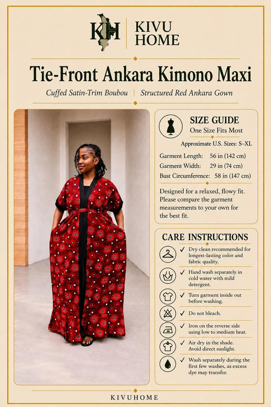 Tie-Front Ankara Kimono Maxi | Cuffed Satin-Trim Boubou, Red Gown