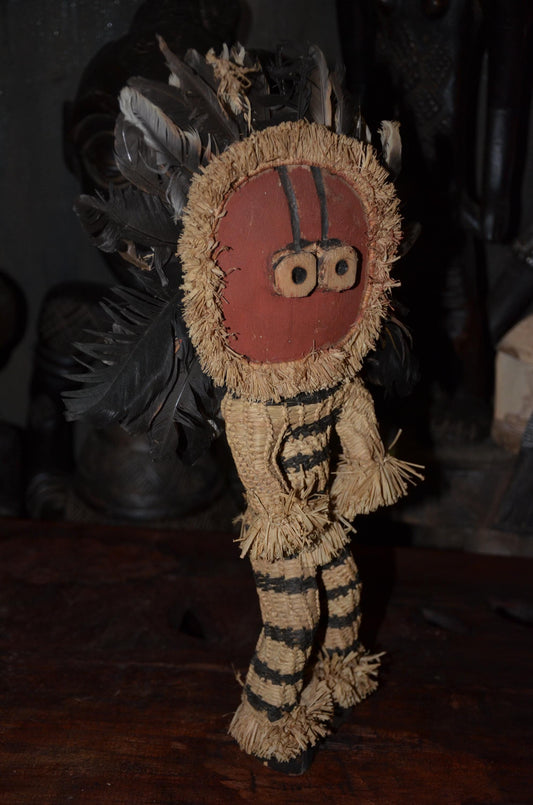 Pende Minganji Masquerade Dancer Doll - 17" Authentic Congo Woven Fiber Figure, Traditional Raffia & Feather Folk Art.