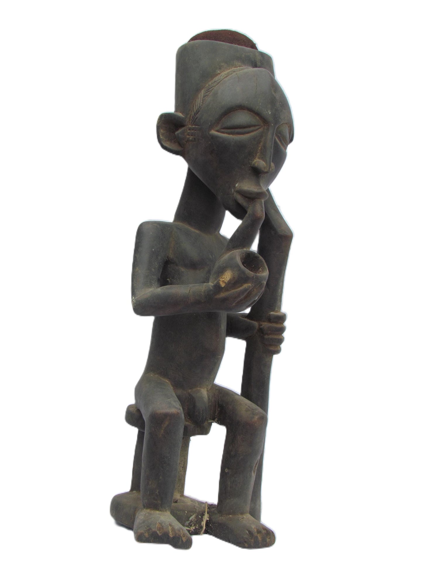 Vintage Luba Tribe "Smoking Peace Man" Statue Carved Wood Congo Vintage Original Sculpture Eastern DRC Africa Rare Floor Table Shelf Art Old