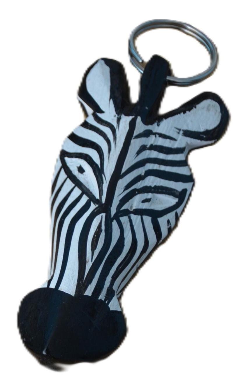Zebra Head Wooden Keyholder, Handmade African Carved Wood Safari Animal Keyring