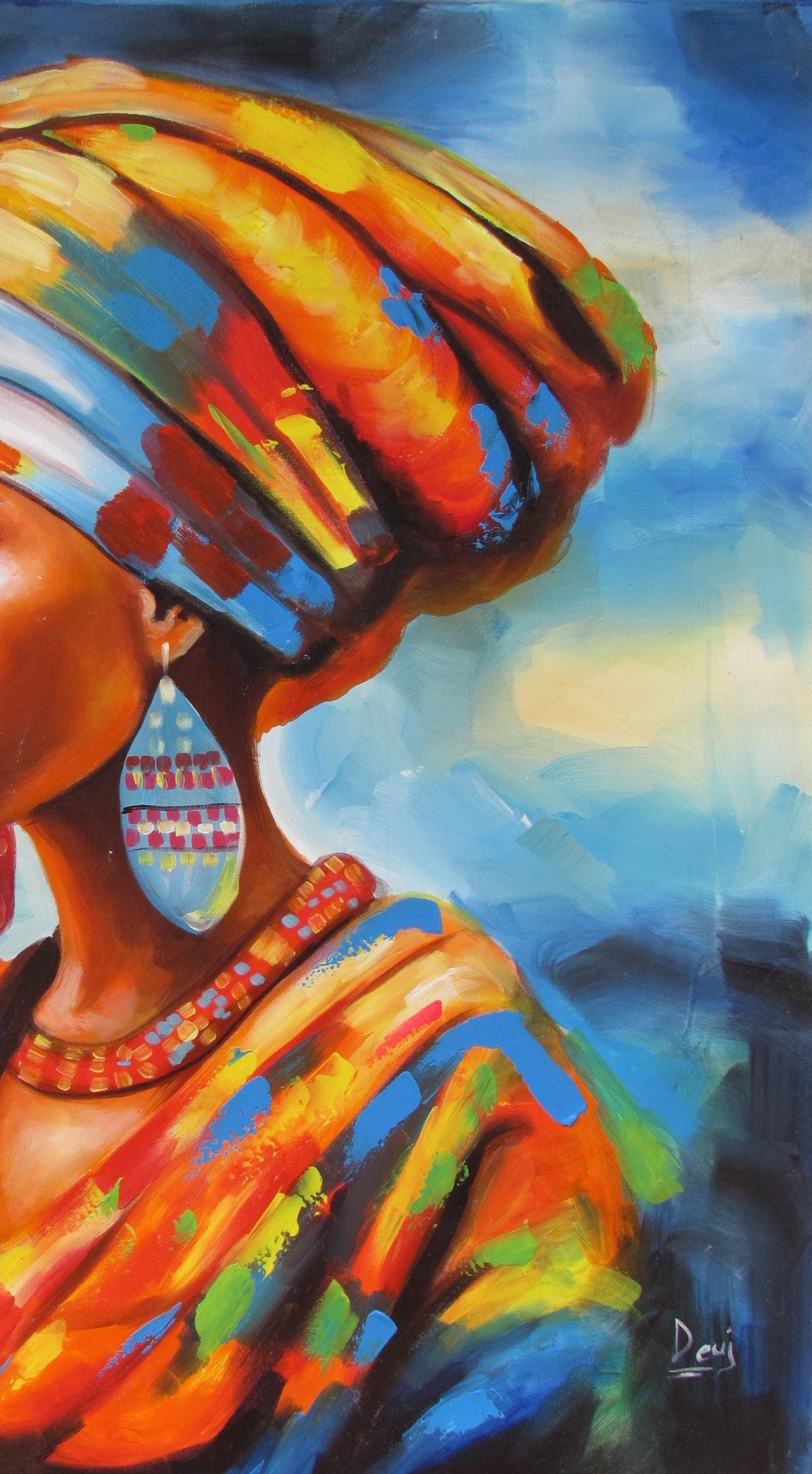 Impression sur toile représentant une femme africaine – Art mural féministe jaune et bleu, peinture à l'huile afrocentrique, décoration d'intérieur pour femme noire, grand format