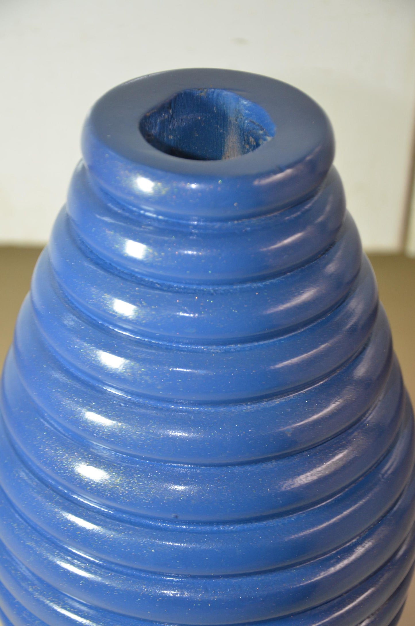 Large Blue Wooden Ribbed Vase | Cobalt Beehive Ringed Vessel | Modern Nordic Home Decor Accent Piece | Minimalist Handcrafted Wood Art