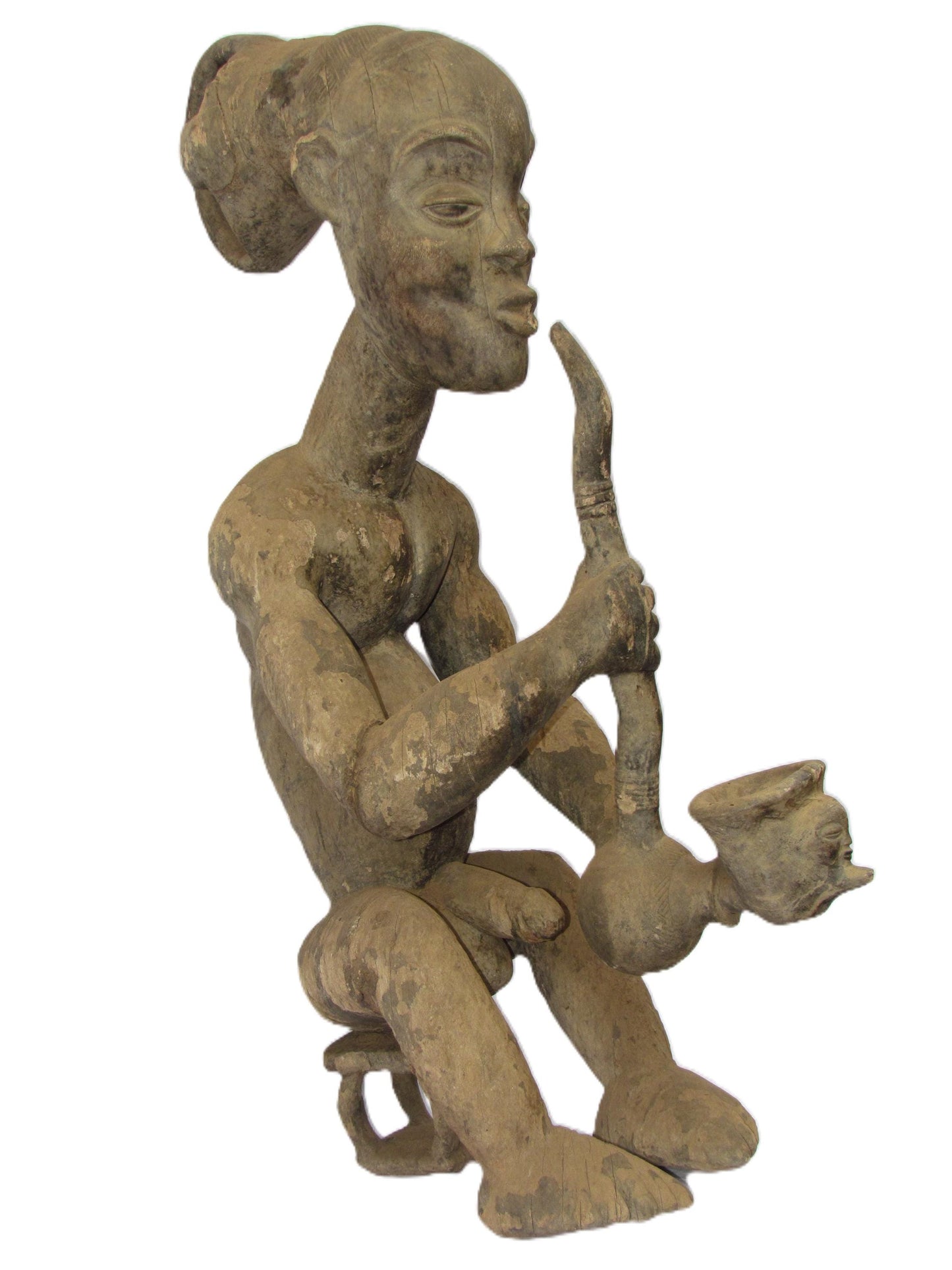 Sculpture originale en bois sculpté vintage de la tribu Luba « Homme qui fume » en RDC, Afrique