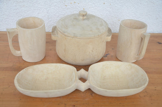 Hand-Carved Wooden Food Dish and Mug Set | Artisan African Kitchen Decor