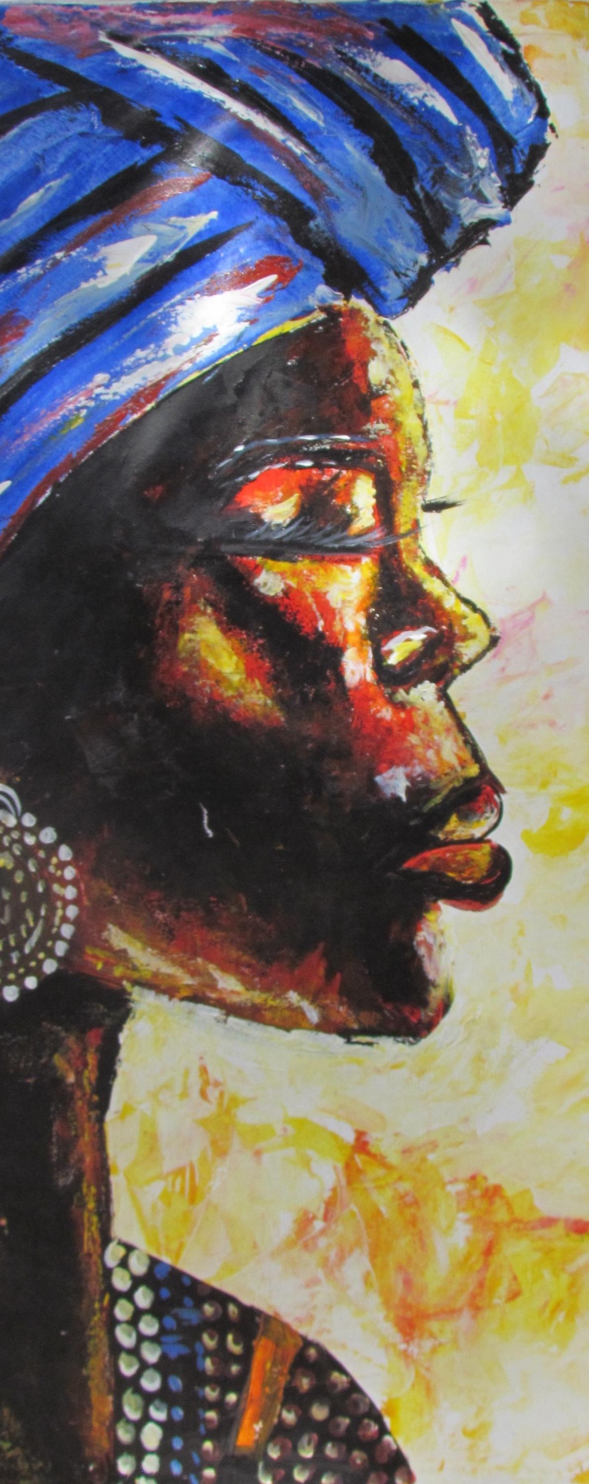Toile à paillettes bleues représentant une femme africaine | Décoration murale artisanale | Peinture de femme noire
