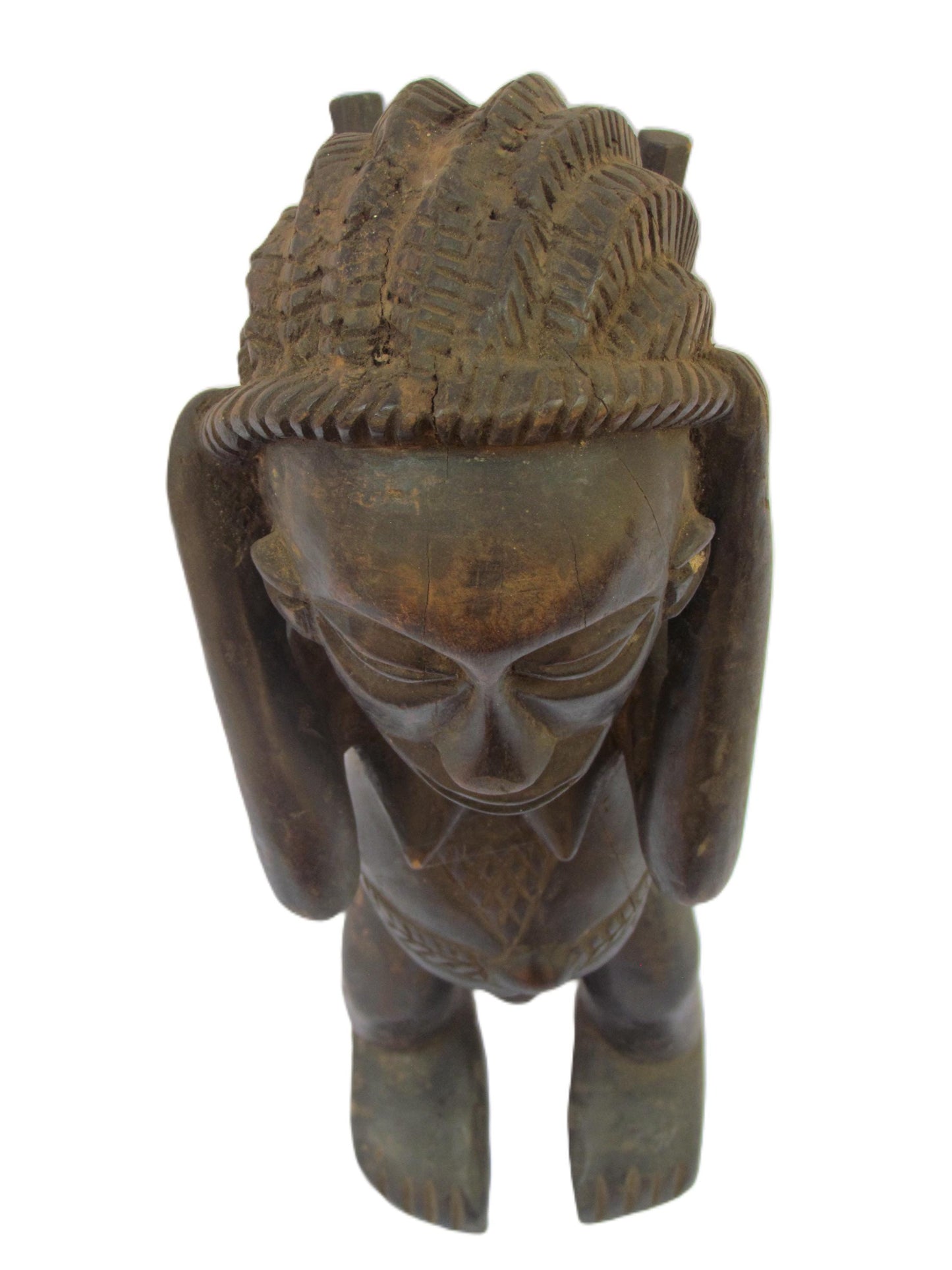 Une œuvre d'art vintage en bois brun faite à la main représentant une mère africaine transportant du bois de chauffage sur son dos