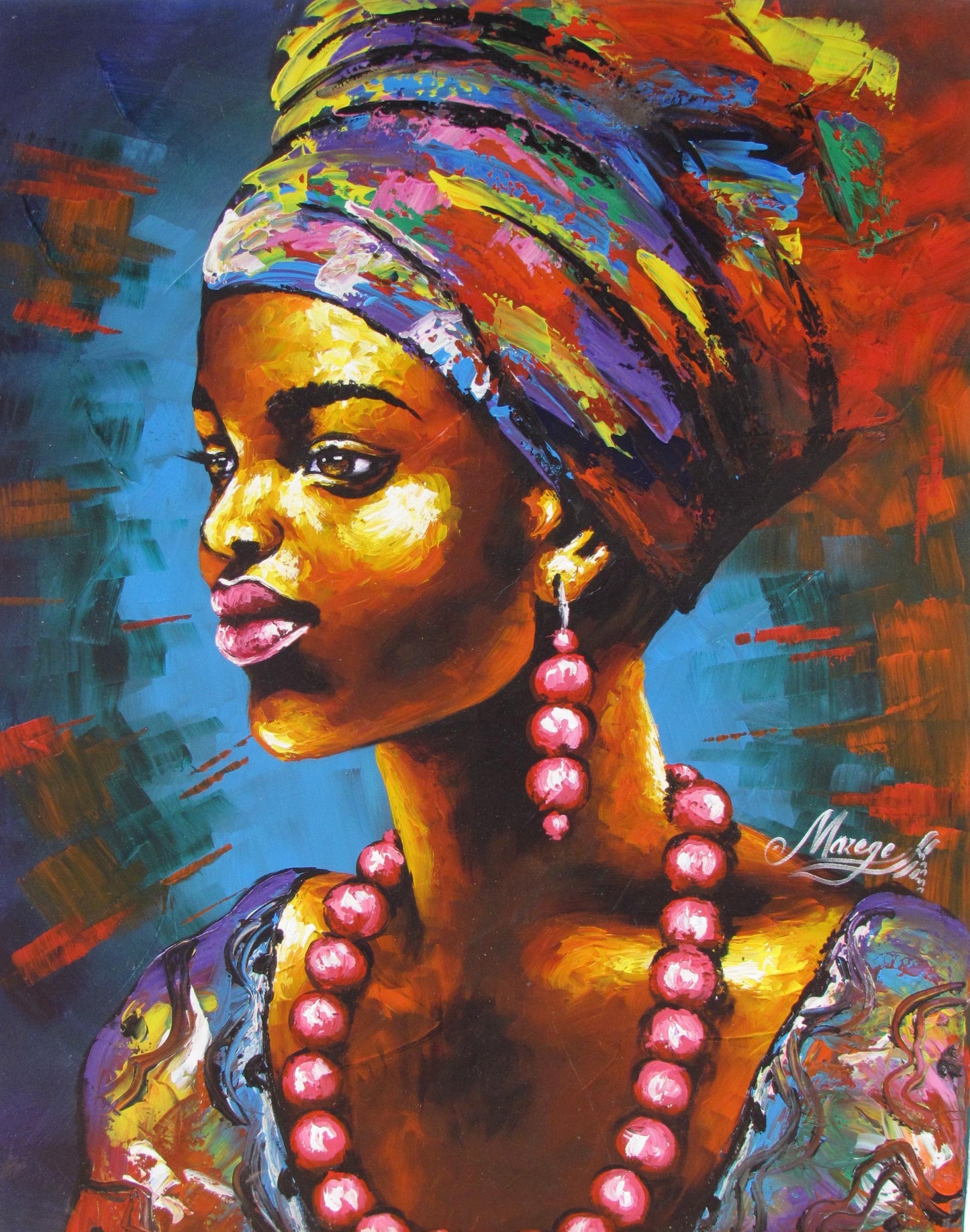 Impression sur toile représentant une femme africaine – Portrait traditionnel avec collier, œuvre d'art murale moderne à l'huile, prête à accrocher, décoration afrocentrique pour chambre à coucher