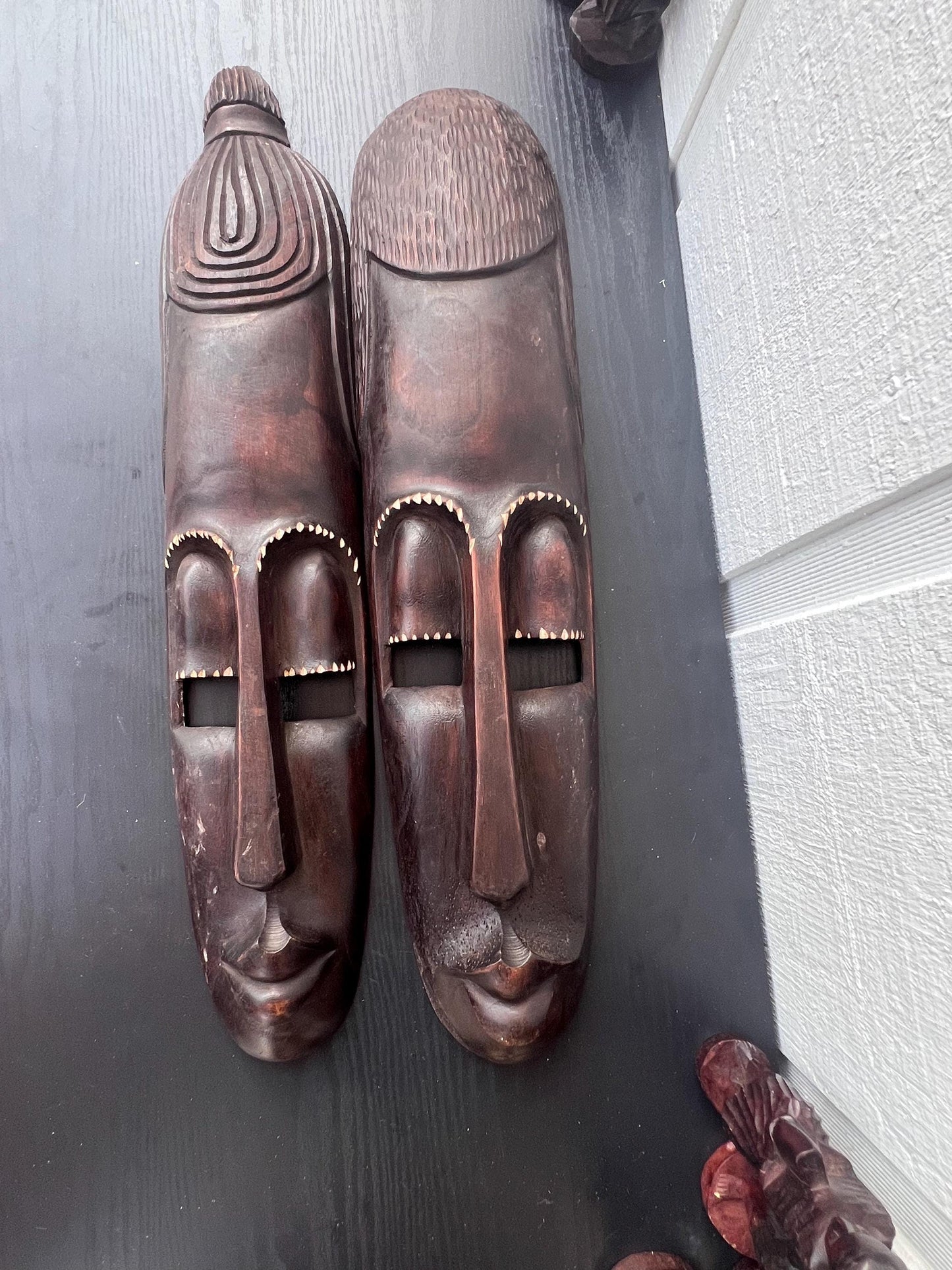 Rwandan King and Queen Tribal Masks, Hand-Carved Wood Wall Art Set, Housewarming Gift