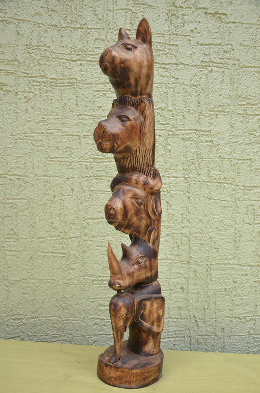 African Wooden Safari Animal Totem Sculpture | Tribal Art