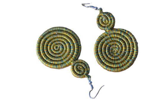 Yellow Green Sisal Rwandan Earrings, Handmade Woven African Basketry Jewelry, Boho Tribal Fiber Art