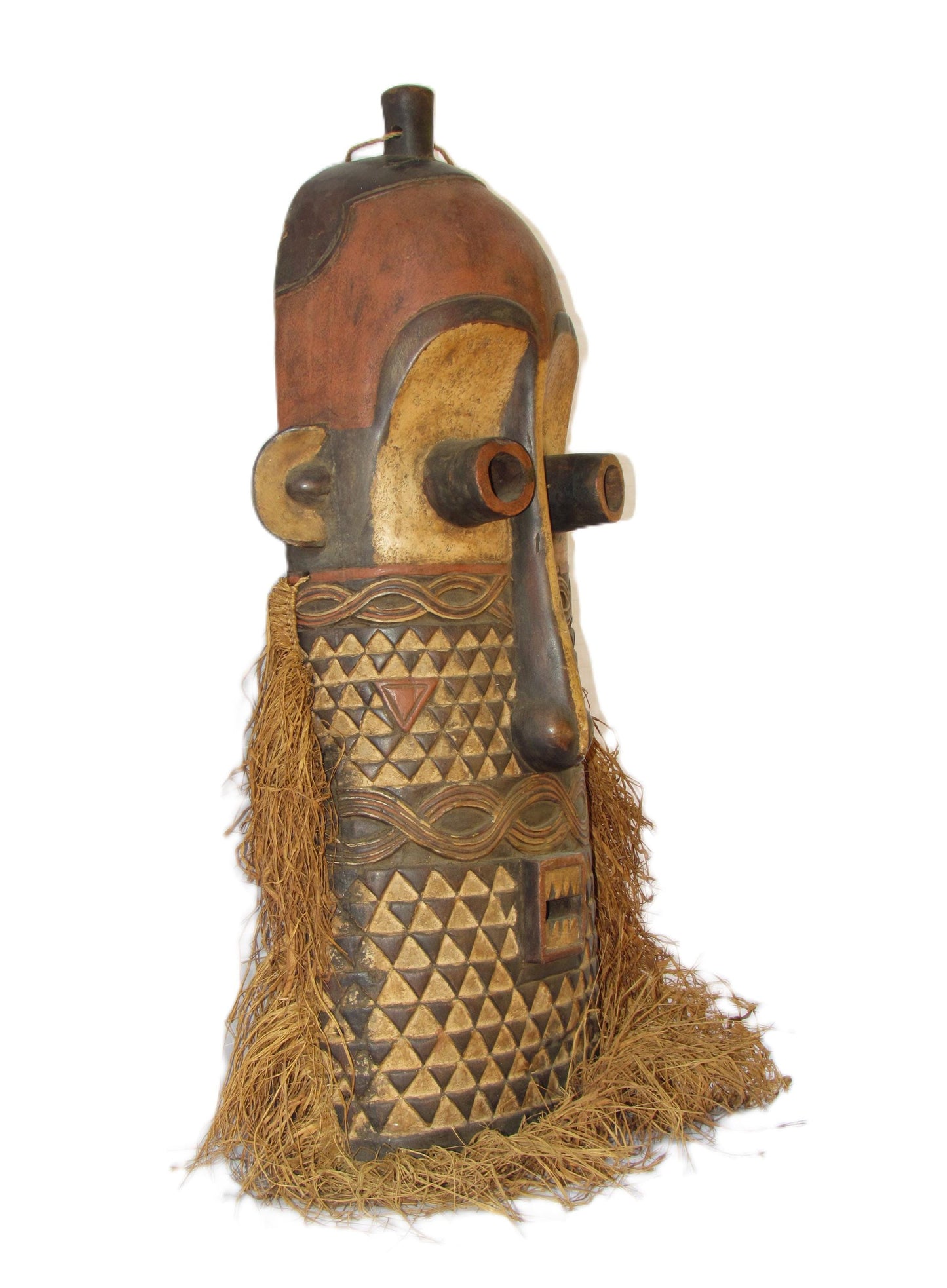 Rare African Tribal Brown Mask from MBOLE tribe with a Long nose, Primitive art DRC Zaire ethnographic art ethnic object home decor.