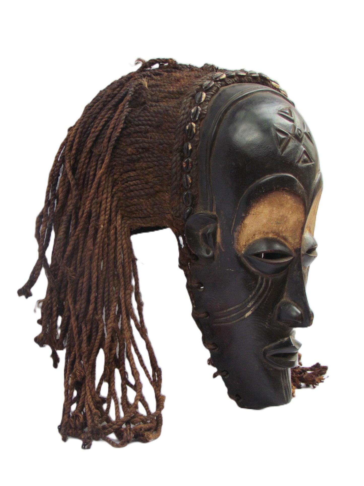 Original Hand carved Chokwe Mask Mwana Pwo with Long Brown Hair.