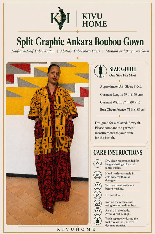Split Graphic Ankara Boubou Gown | Half-and-Half Tribal Kaftan, Mustard and Burgundy Maxi