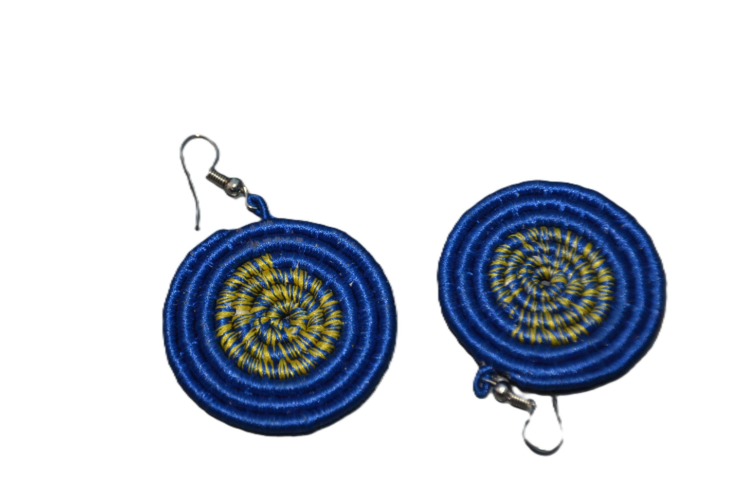 Blue Yellow Sisal Rwandan Earrings, Handmade Woven African Basketry Jewelry, Boho Tribal Fiber Art