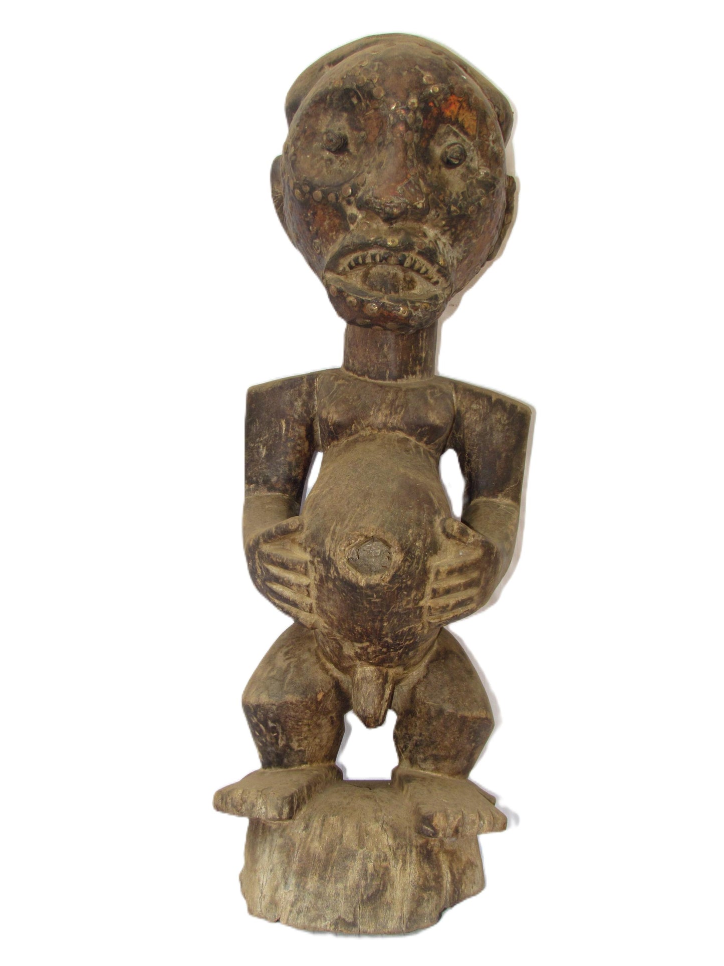 Statue antique extrêmement rare d'un homme africain Songye avec des épingles en argent sur le visage du Congo.