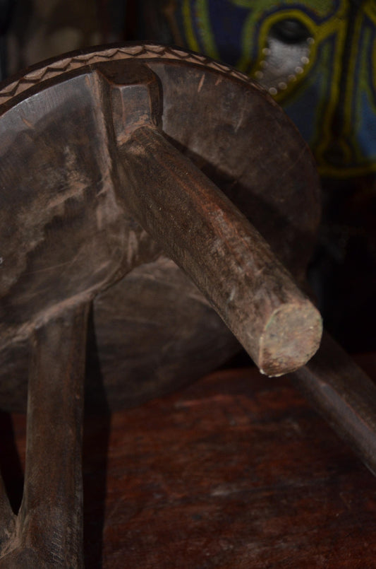 Authentic Kamba / Senufo Three-Legged Stool - 14" Hand-Carved African Wood Prestige Stool, Incised Geometric Rim.