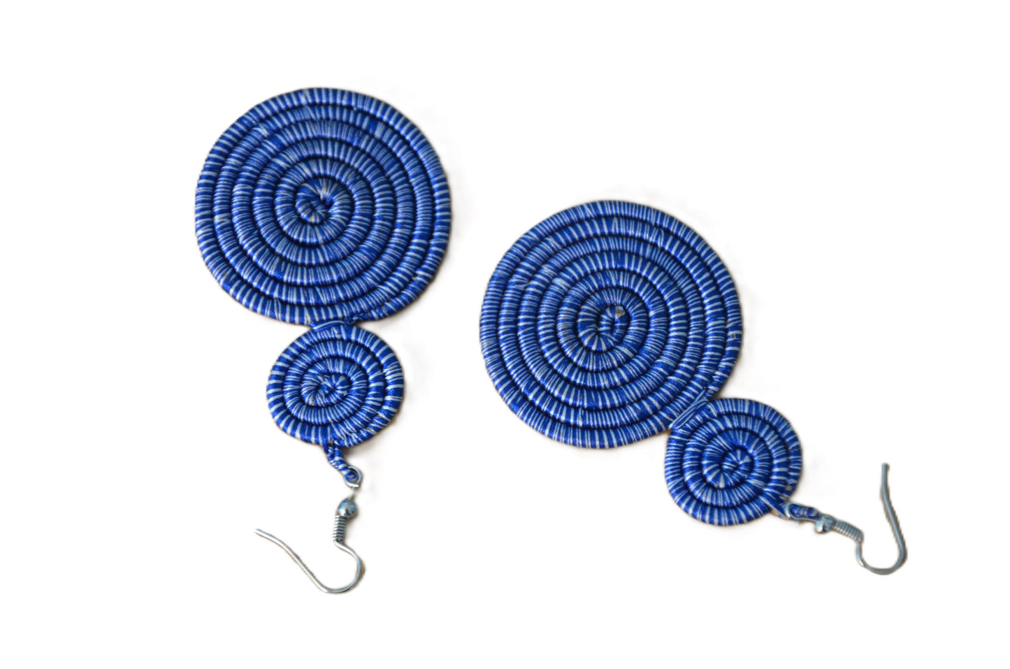 Big Blue Iridescent Sisal Rwandan Earrings, Handmade Woven African Basketry Jewelry, Boho Fiber Art