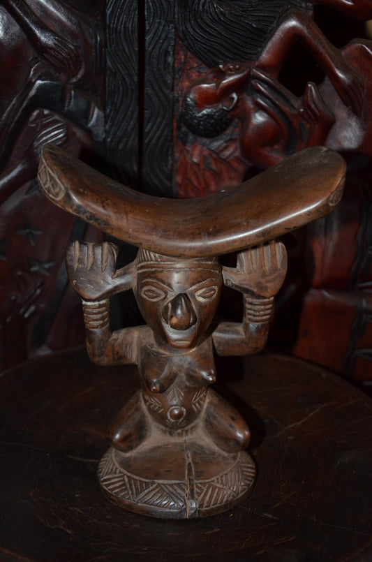Luba Songye Caryatid Stool – 10" Hand-Carved Wood Headrest – Congo Tribal Art